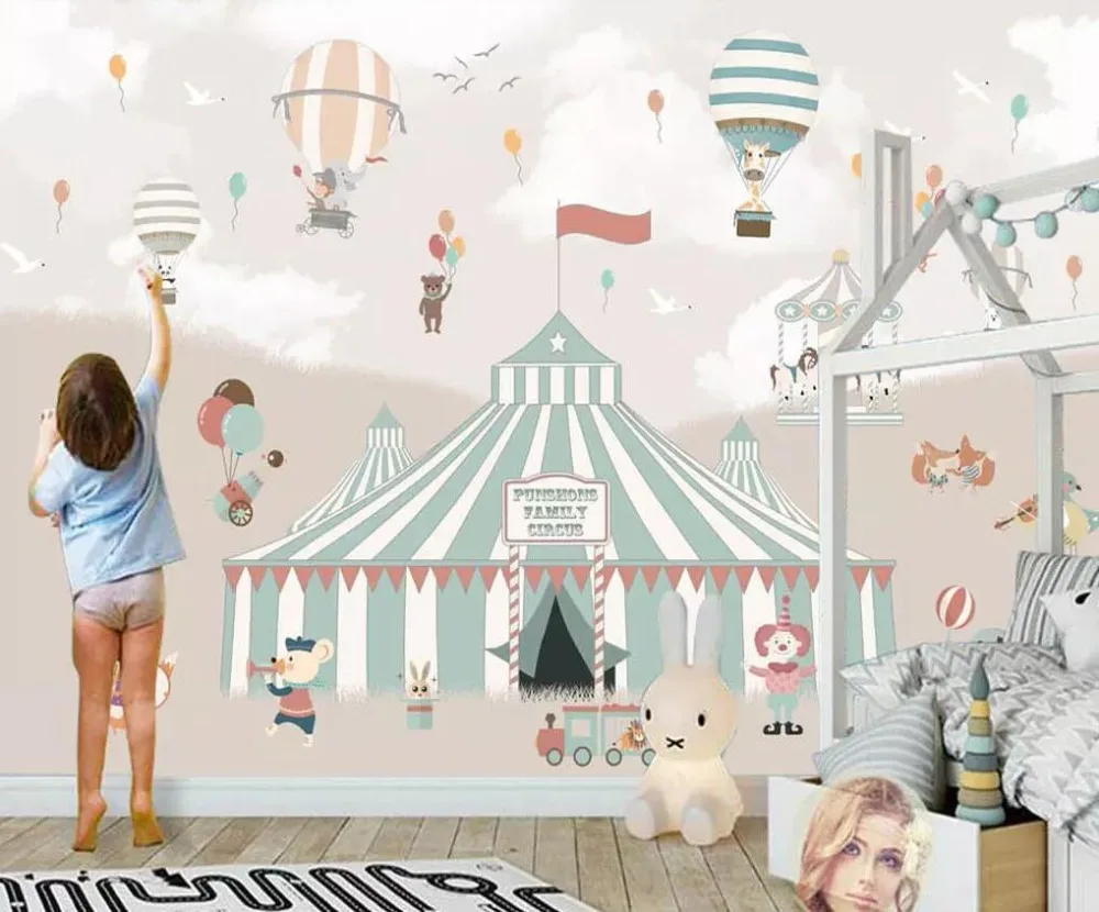 Diantu Mural wallpaper cartoon hot air balloon circus background children room boy girl bedroom background mural 3d wallpaper