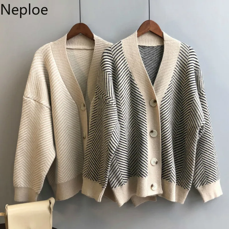 Neploe Ins, свободные безумные стильные Полосатые кардиганы, свитер с v-образным вырезом, с одной грудью, из кусков, Женское пальто, осень-весна, вязанное 47591