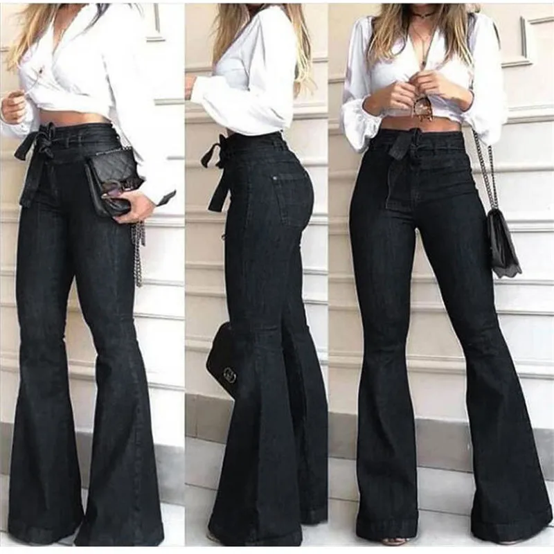 Denim Flared Pants for women High Waist lace-up Jeans casual Trousers Female spring and autumn clothing S-2XL Drop Shipping