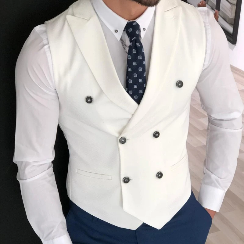 White Slim Fit Men Vest with Double Breasted One Piece Custom Male Suit Wasitcoat Peaked Lapel Wedding Gromsmen Waist Coat New 3