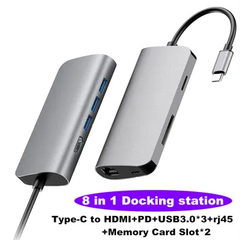 

8 in1 Docking station USB C Type C to 4K HDMI + PD Fast Charging + 3 Port USB3.0 + rj45 + Memory Card Slot Hub Adapter Converter