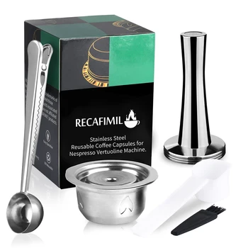 

Update G4 Reusable Coffee Capsule for Nespress Filter Stainless Steel Refillable Coffee Filter Crema Basket with Tamper Spoon