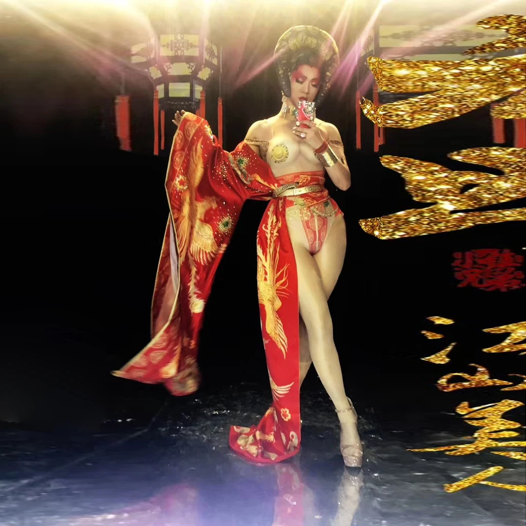 

Chinese Ancient Imperial Concubine Cosplay Costumes Women Sexy Bodysuit + Single Shoulder Flared Sleeves Stage Outfits Sets