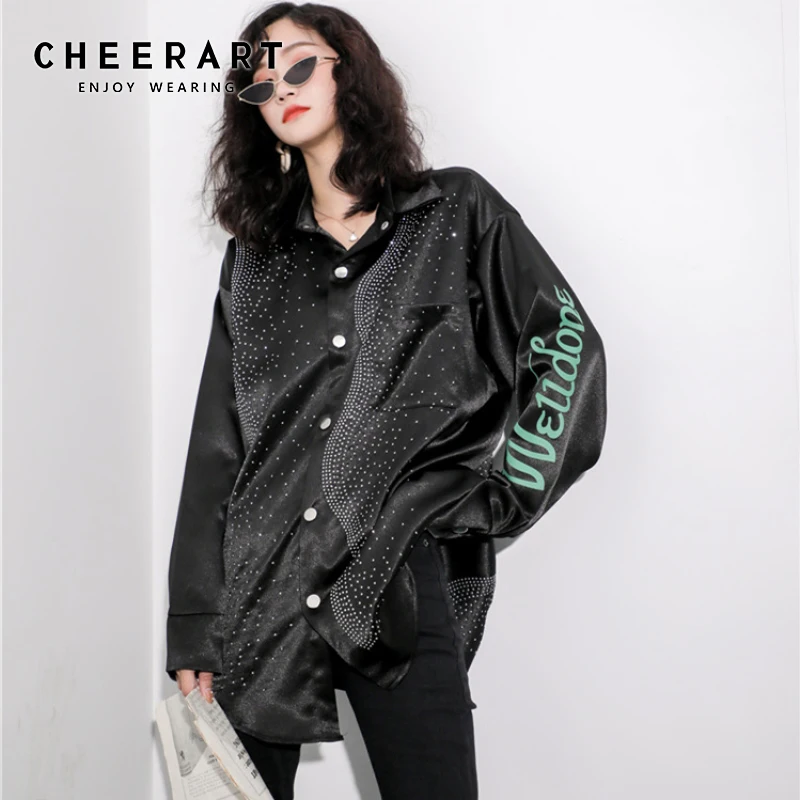 Женская блузка с буквенным принтом CHEERART, украшенная стразами, с длинным рукавом, на пуговицах, размера плюс, модная осенняя одежда, 2019|Блузки и рубашки| | АлиЭкспресс