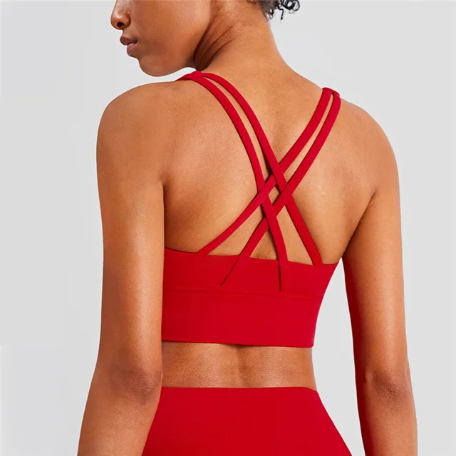 Lulu Hot Sell Gym Yoga Vest Athletic Fitness Women Sports Bra Solid Color Cross Sexy Tights Tank Top Butter Soft With Chest Pad Red