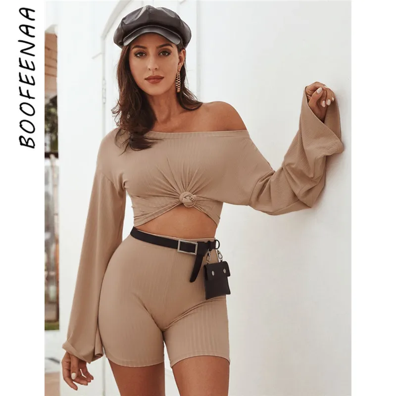 BOOFEENAA трикотажная Повседневная Женский комплект 2 шт. одежда цвета хаки осенне