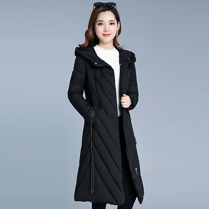 

2019 Women Winter Hooded Warm Coat Slim Plus Size 5XL black Cotton Jacket Female Casual Thicken Medium and long section Parkas