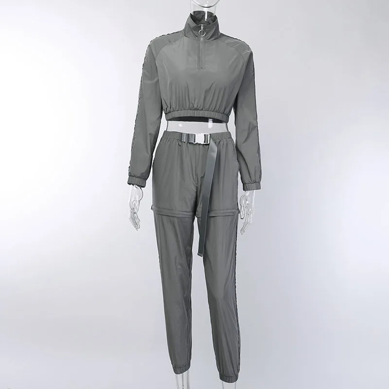 InstaHot/серый спортивный костюм со светоотражающей молнией сбоку, с пряжкой, женский костюм из двух предметов, Осенний укороченный топ, брюки