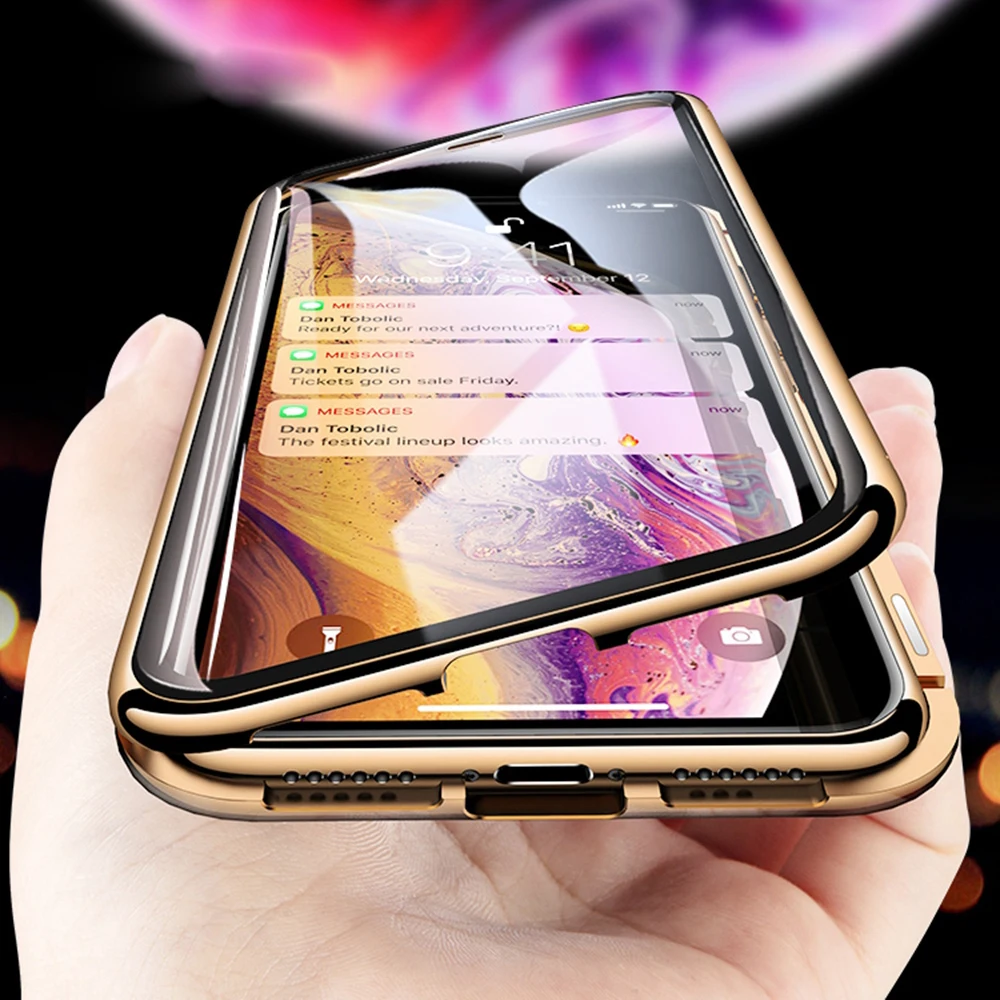 

Metal Magnetic Adsorption Double Side Glass Case For iphone 11 pro max 6s 7 8 plus X XR XS MAX Tempered Glass Full Cover Bumper
