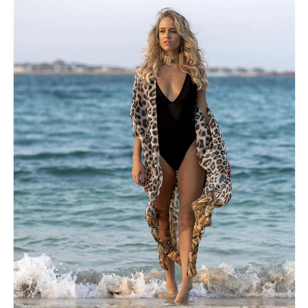 Женское летнее шифоновое леопардовое платье для плавания, женское длинное бикини, Пляжное Платье, солнцезащитный крем, сексуальный костюм