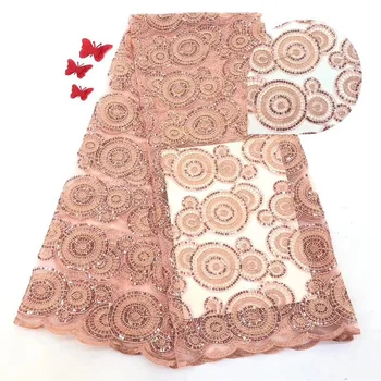 

Nice peach French net lace fabric with sequins for evening party PDN723(5yards/lot)