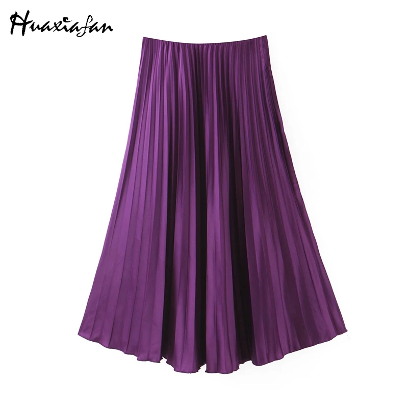 Huaxiafan, высокая талия, Женская плиссированная юбка, а-силуэт, весна, новинка, женские миди юбки, элегантные, для работы, офиса, женские юбки, уличная одежда