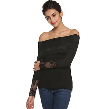 

Finejo Fashion Ladies Lace Patchwork Off Shoulder Black Regular Women Long Sleeve Slim Leisure Top
