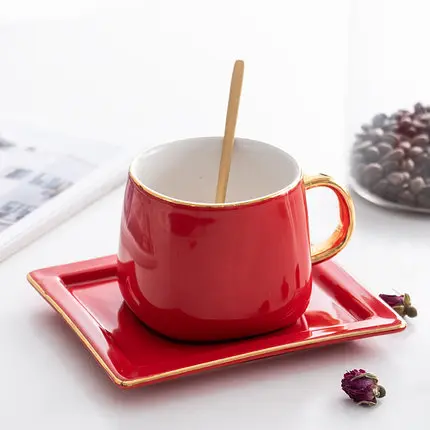 

Red glaze Home Small Luxury Pull Flower Coffee cup Dish Set Simple Afternoon Tea Ceramic Cup with Spoon Latte Mug