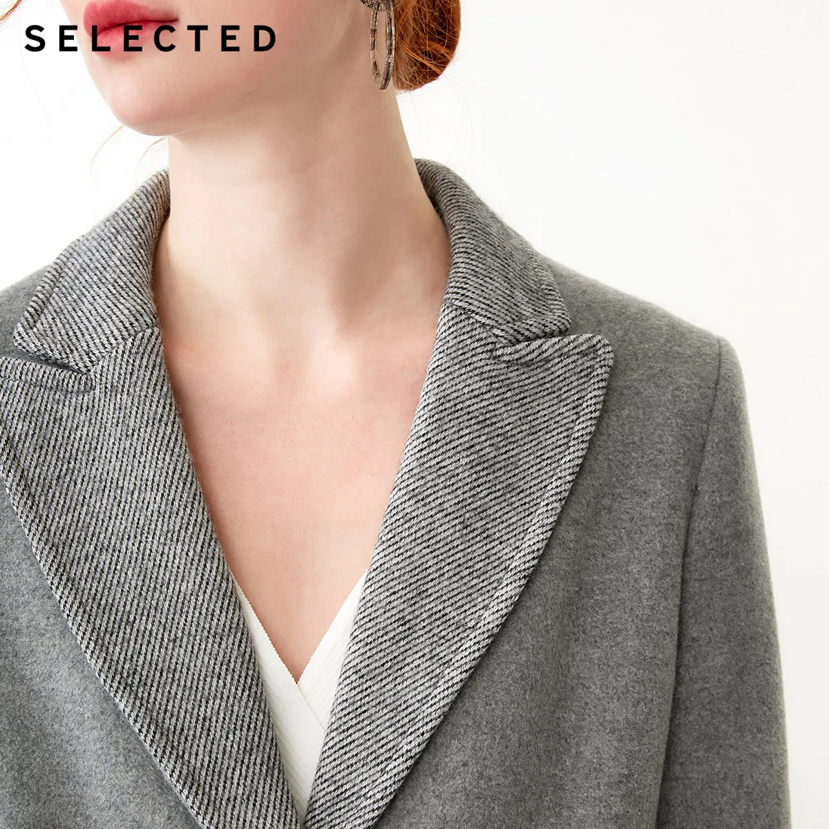 SELECTED Women's Mid-length Cotton-rich Woolen Splice Overcoat S|419127501