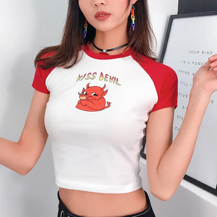 

2020 new kawaii Little devil print crop top women tshirt summer harajuku tops korean style Short funny t shirts women camiseta