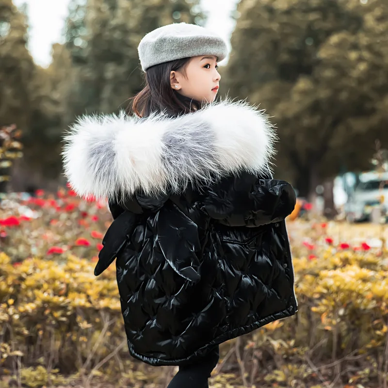 

Children Down Jackets winter Girls Long Thickened Bright Face Wash-free Large Fur Collar Coats Kids Fashion Warm Hooded Parkas
