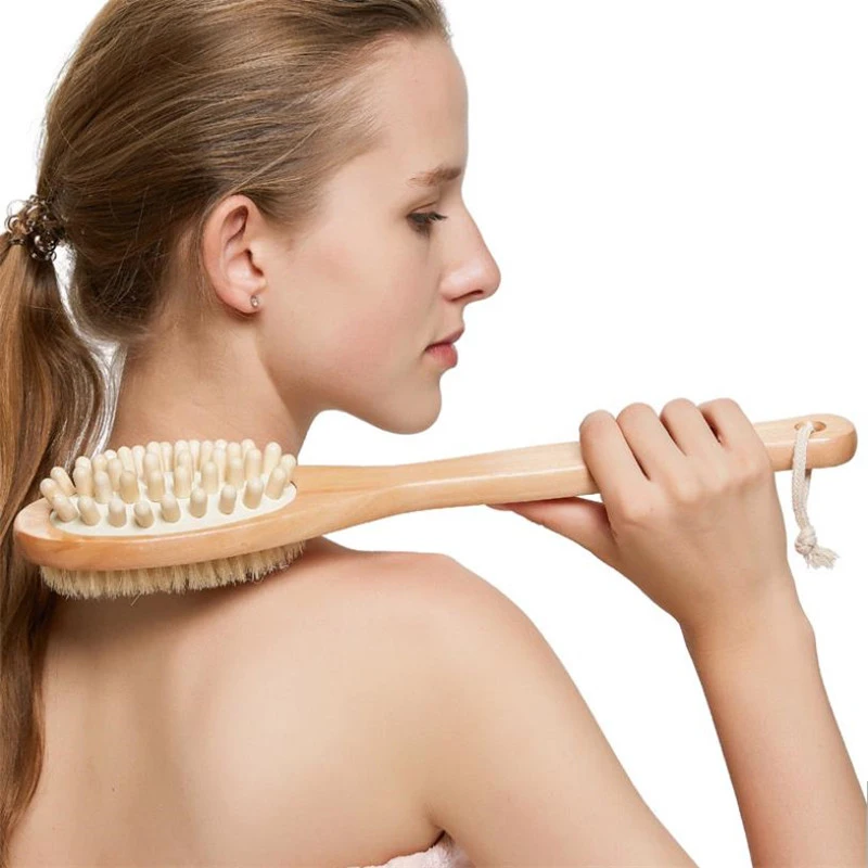 

2-in-1 Sided Natural Bristles Brush Scrubber 37cm Long Handle Wooden SPA Shower Brush Bath Body Massage Brushes Easy Clean Back