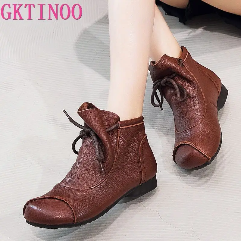 

GKTINOO 2019 Autumn Winter New Lace Up Ankle Boots Female Genuine Leather Retro Excellent Soft Bottom Shoes Handmade Boots