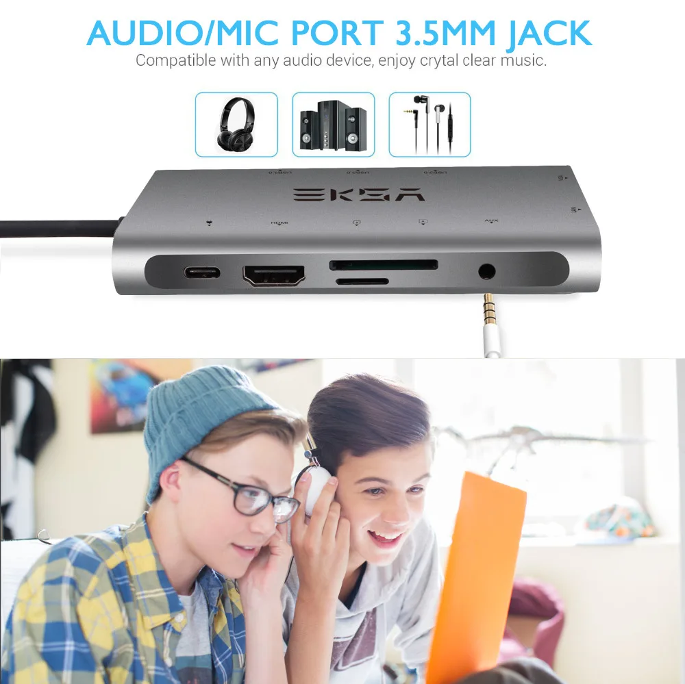  EKSA USB HUB 10 in 1 Type C HUB 3.0 with 3 USB 3.0 Port 4K HDMI 1080P VGA RJ45 3.5mm Jack Card Read