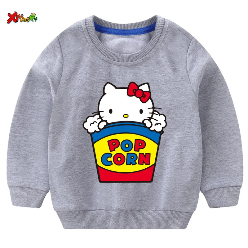 Свитшоты для маленьких девочек Футболка hello kitty г. Осенние толстовки для малышей, пуловер с длинными рукавами Модная одежда с героями мультфильмов красный, белый - Цвет: sweatshirt gray