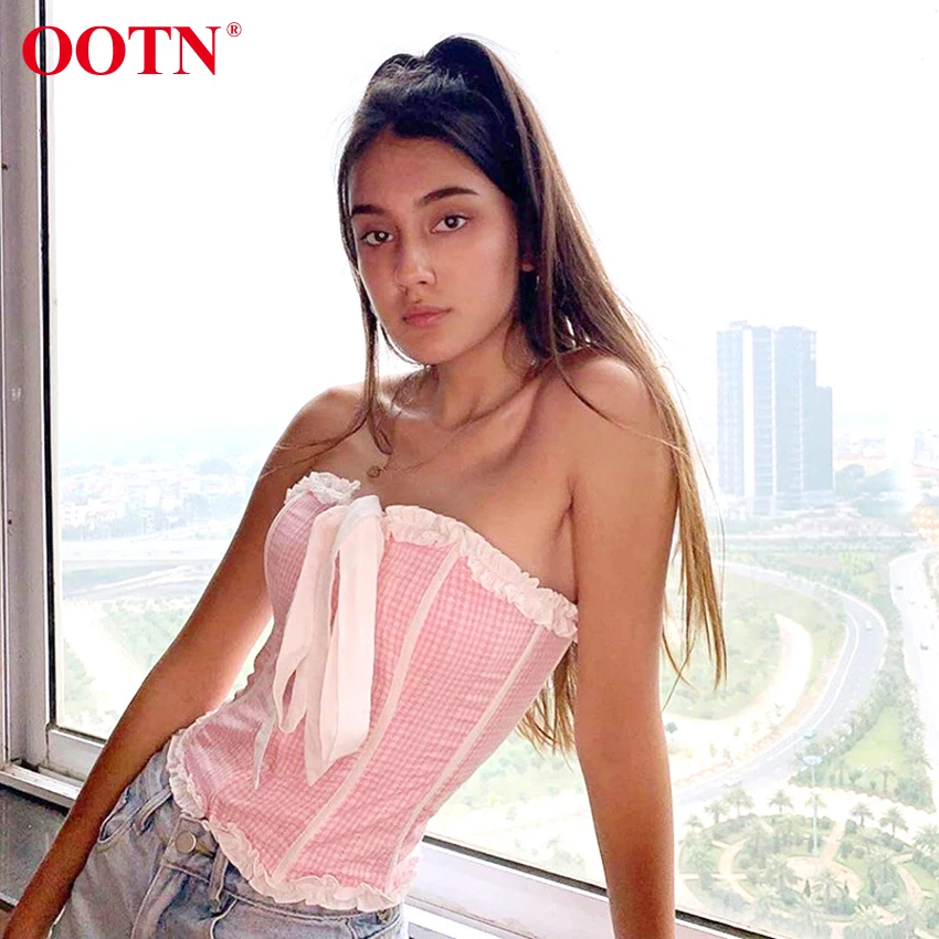 OOTN клетчатый топ с принтом, женские сексуальные топы с открытыми плечами, топ с оборками и бантом, весна-лето, Женская майка без рукавов