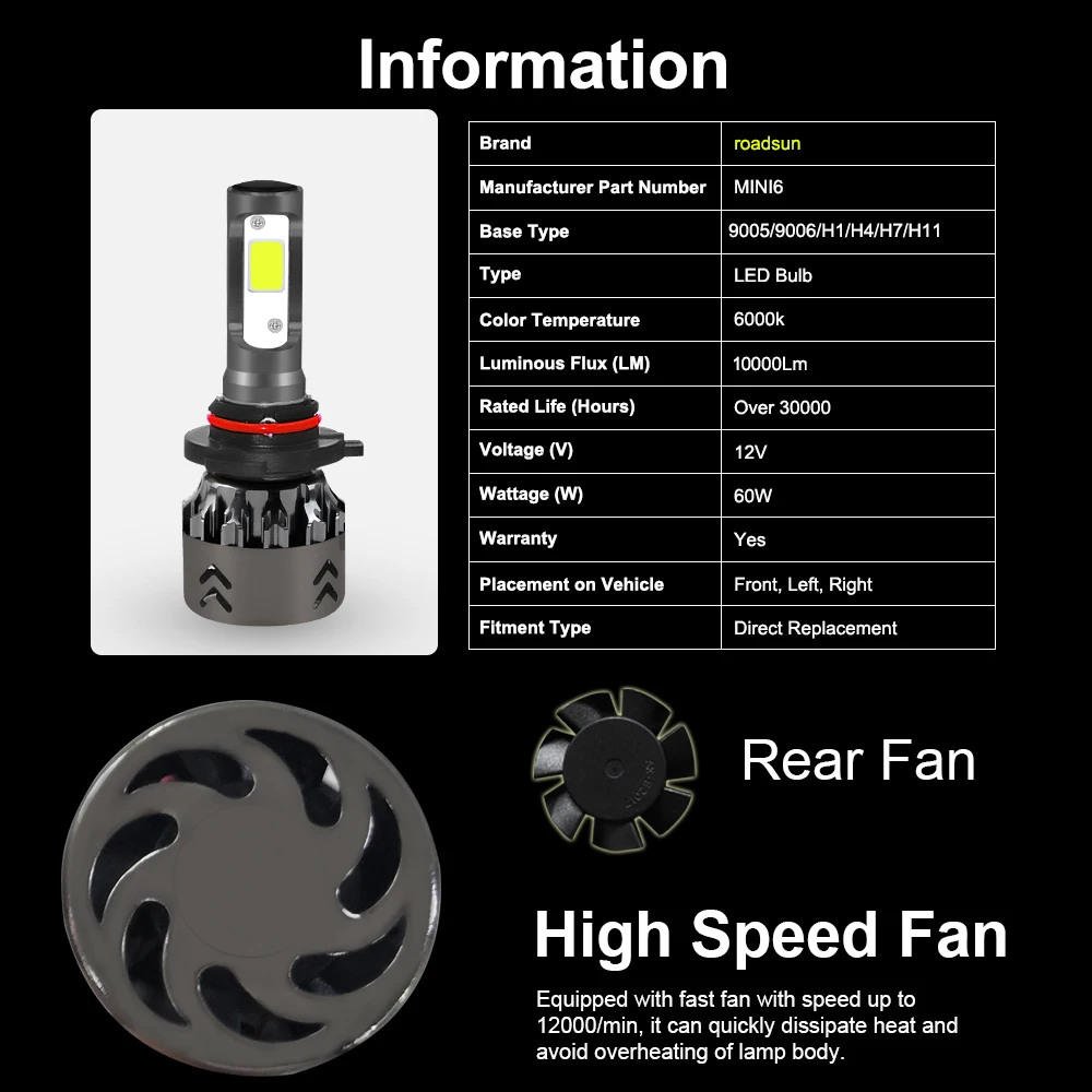 Roadsun светодиодный H4 H7 светодиодный фонарь COB чипы 10000лм светодиодный фонарь для автомобиля 60 Вт H1 светодиодный противотуманный фонарь 12 в 24 В H11 HB3 HB4 автомобильный Стайлинг