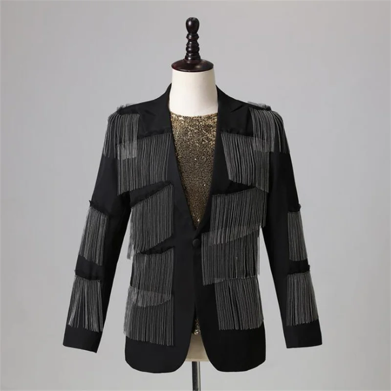 Sequined suits mens tassel blazers jacket bar male singer stage