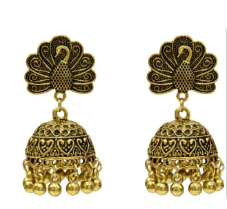 Индийские окисленные серебряные Висячие серьги для женщин Boho Jhumka резной цветок жемчуг бусина Эффектные серьги ювелирные изделия из турецкой турки - Окраска металла: Gold