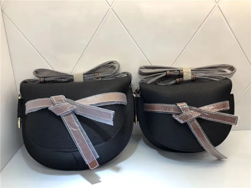 

2019 New Style Genuine Leather Mixed Colors Bow Saddle Bag Take Shoulder Retro Semicircle WOMEN'S Cow Leather Bag Fashion