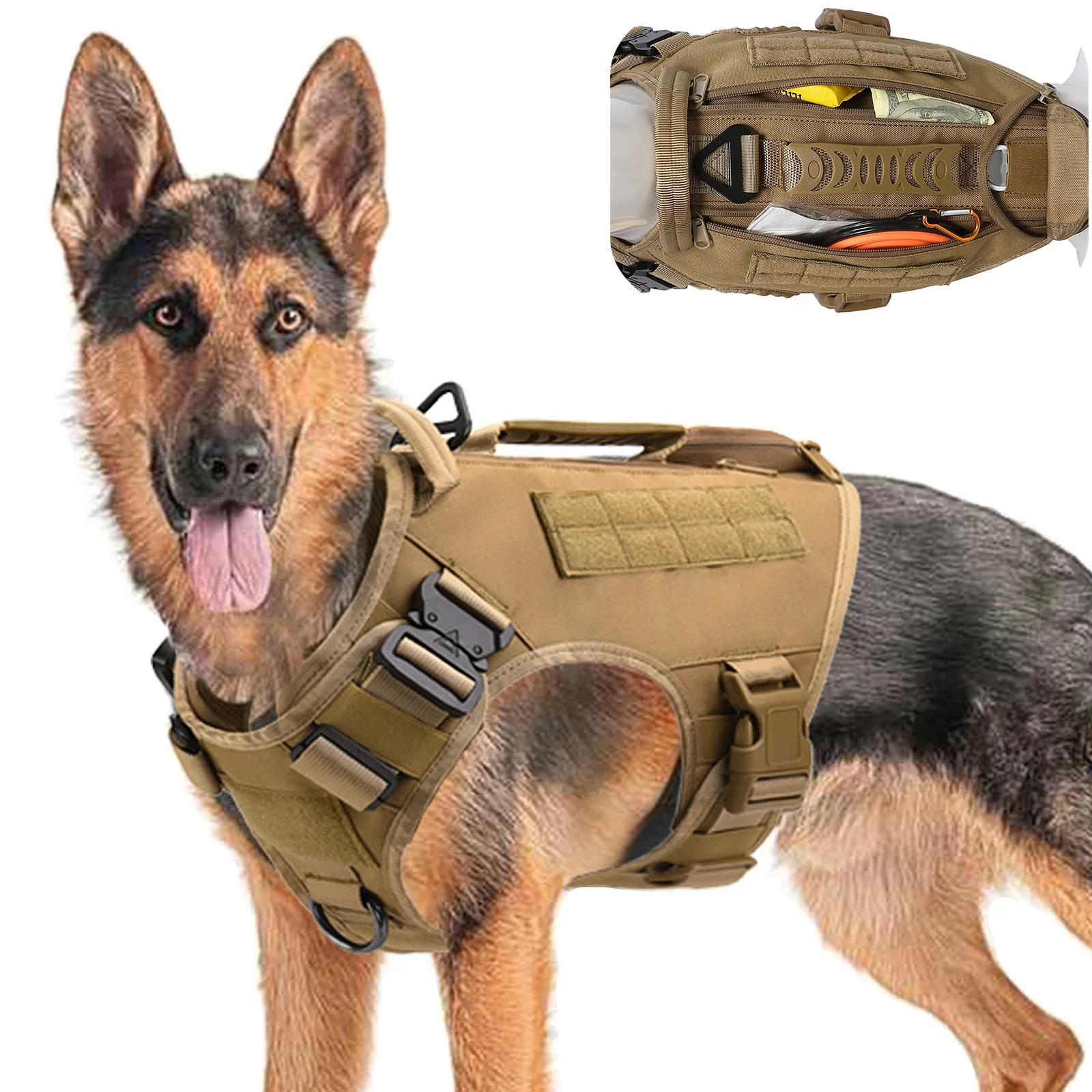 Tactical Molle Dog Harness for Large Dog Vest with Side Bags Pouches for Military Service Dog Working Training
