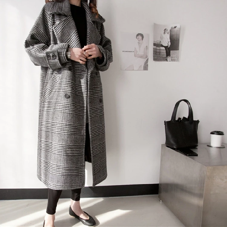 Vinatge осенне-зимнее корейское шерстяное пальто в клетку двубортное утепленное женское повседневное теплое шерстяное пальто