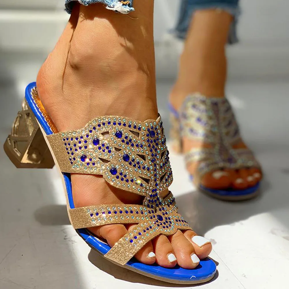 

Large Size 41 Crystals Slip On Leisure Summer Sandals Shoes 2020 Square Heels Women Shoes Woman Mules Flip Flops