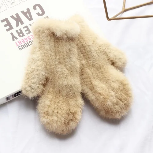 Beige Милые женские натуральный мех норки перчатки Зимние перчатки девушки ручной работы полный палец теплые перчатки пушистые мягкие - Цвет: Beige