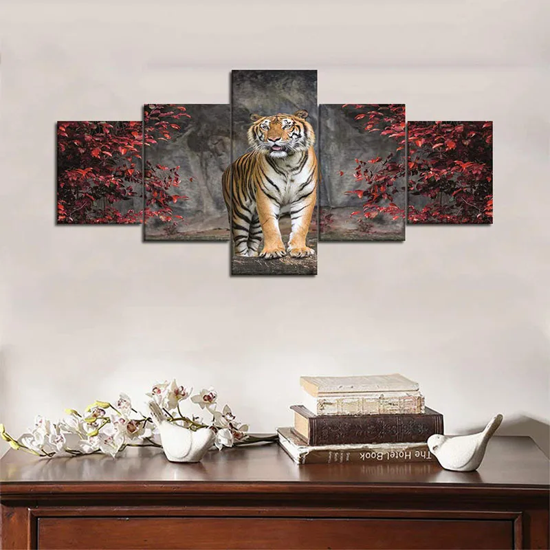 

5 Panels Decor Painting Modern Home Decoration for Living Room Bedroom Canvas Printing Tiger & Maple Leaf Wall Art Frameless