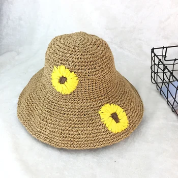 

Japanese daisy embroidery straw hat summer foldable fisherman hat fashion basin hat sun hat female
