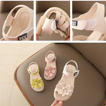 

2020 Summer New Baby Girl Leather Sandals Round Toe Open Toe Soft Bottom Solid Color Flower Children's Sandals With Hook&Loop