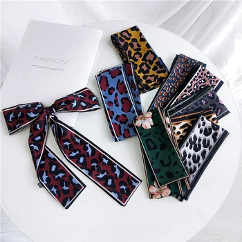 

Fashion Leopard Scarf Women Skinny Silk Scarf Bandana Small Handle Bag Ribbons Female Neckerchief Hair Tie