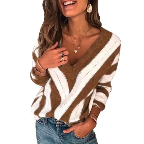 Basic Deep V Striped Solid Autumn Winter Sweater Pullover Women Female Knitted Sweater Long Sleeve Badycon Sweater Pullover - Цвет: Coffee