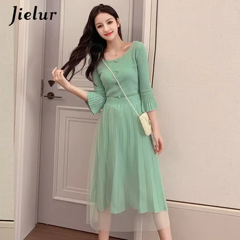 

Jielur Pleated Skirt Kintted Top Two Piece Set 2020 Autumn Sweet Korean Fashion Chandal Mujer Elegant Skinny Green Femme Mujer