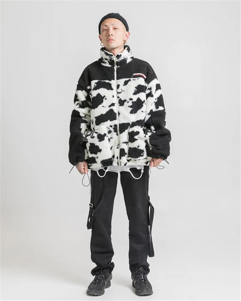 Winter Thick Oversize Cow Contrast Color Parka Coat Polka Dot Vintage Fleece Zipper Pocket Jacket Men Hip Hop Swag Black/White