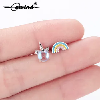 

Cxwind Lovely Asymmetric Zircon Unicorn Rainbow Stud Earrings For Women Trendy Party Jewelry oorbellen boucle d'oreille femmes