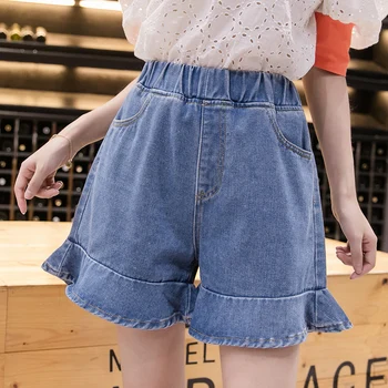

COIGARSAM 4XL Plus Size Ruffles Denim New Spring Summer Loose High Waist Women Shorts Blue 5835