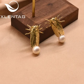 

XlentAg Natural High-quality Round Pearls Insect Dangle Earrings Metal Cicada Women Engagement Party Statement Jewellery GE0843A