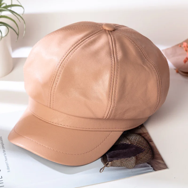 

DYROREFL Hat Lady Light Plate Pu Leather Octagon Beret Ins Web Celebrity Summer Japanese British Korean Version Joker Cap B079