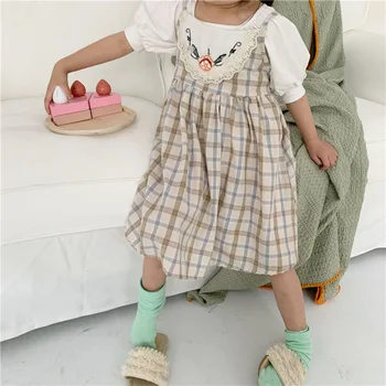 

2020 Summer New Korea Style Girls Plaid Camisole Embroidered Vest Dress 2-6 Yrs Toddler Girls Leisure Slingt Dress Kids Clothes