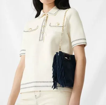 

2020 Spring Summer Metal Button Lapel Contrast T-Shirt Top with Short Sleeve T-shirt for Women