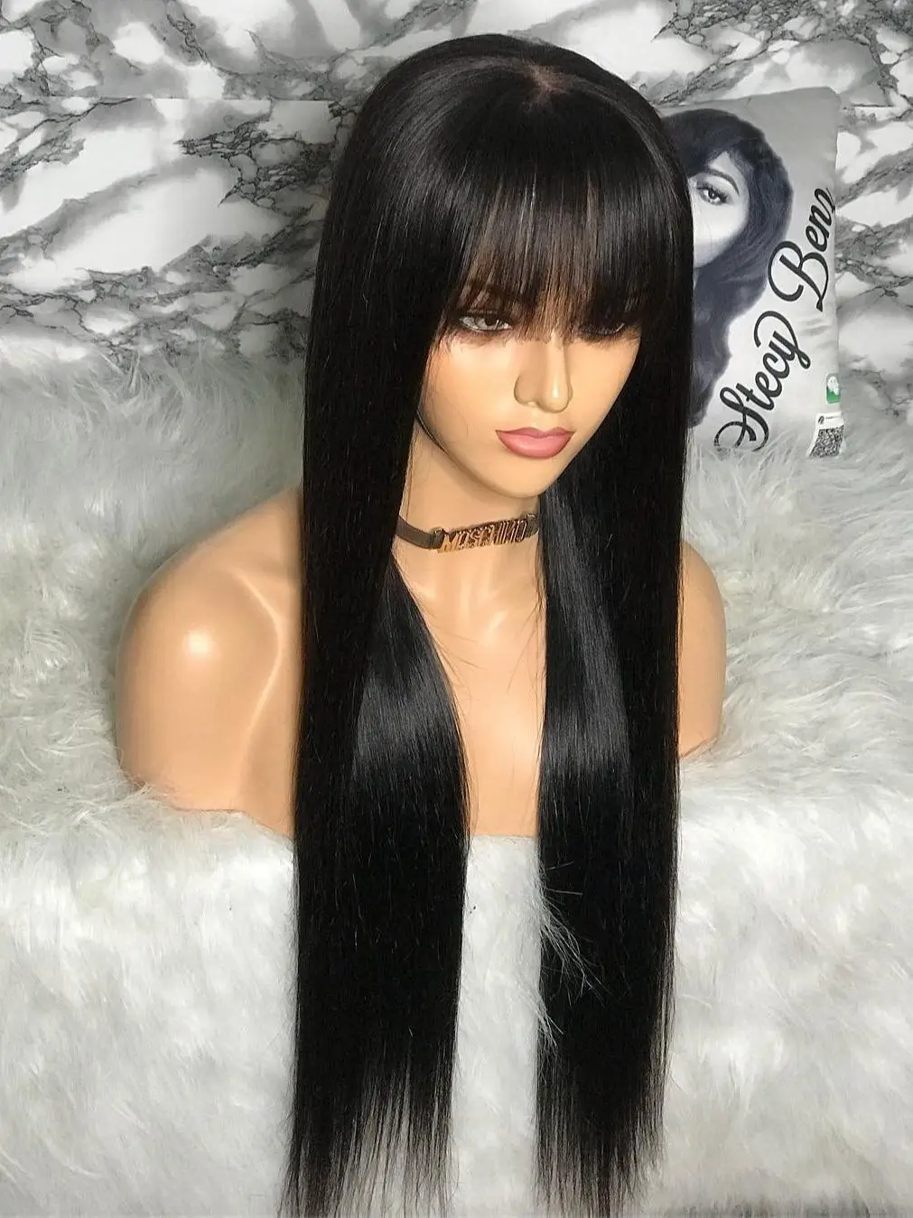 Straight Wig With Bangs Fringe Full Machine Made Bob Human Hair Wigs For Women Brazilian Remy Glueless Natural Black Fringe Wig