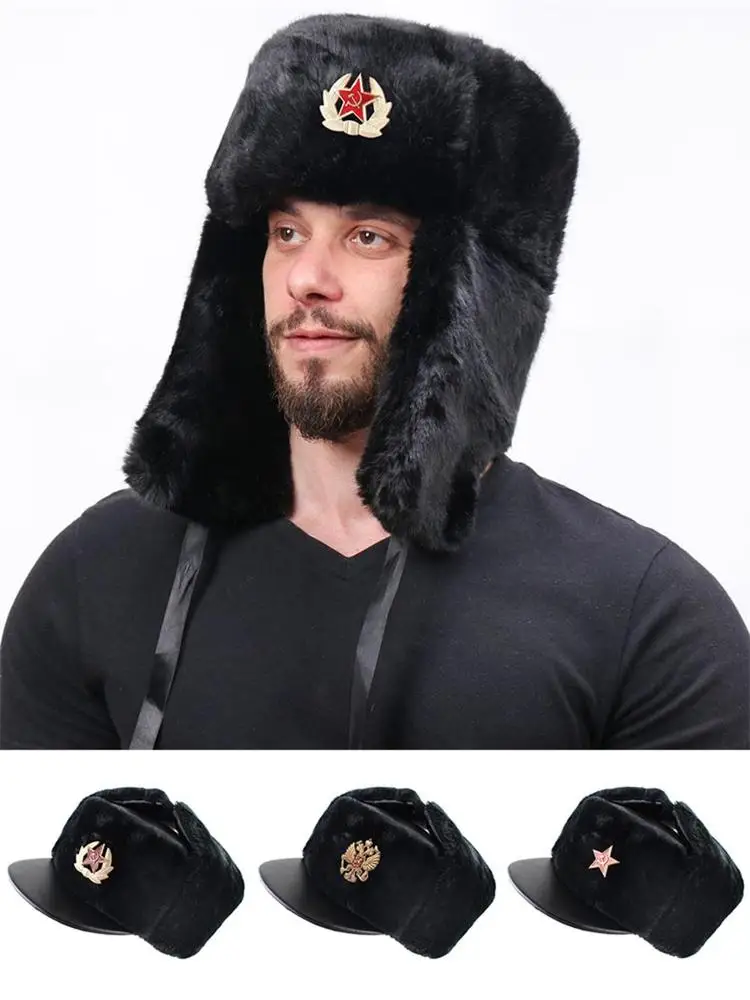 Soviet Badge Hat Pu Waterproof Padded Earmuffs Russian Warm Hat Women Earmuffs Outdoor Warm Hat Padded And Hat Men M3Z3 mens winter bomber hats