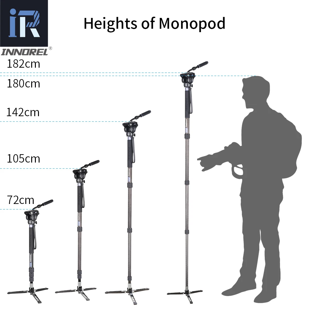 INNOREL 탄소 섬유 모노포드 키트, DSLR 카메라 망원경용 탈착식 삼각대 베이스, 전문 유체 헤드 포함, VM75CK, 10 레이어